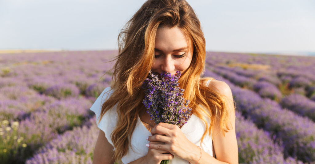 A woman in a field smelling a bunch of lavender