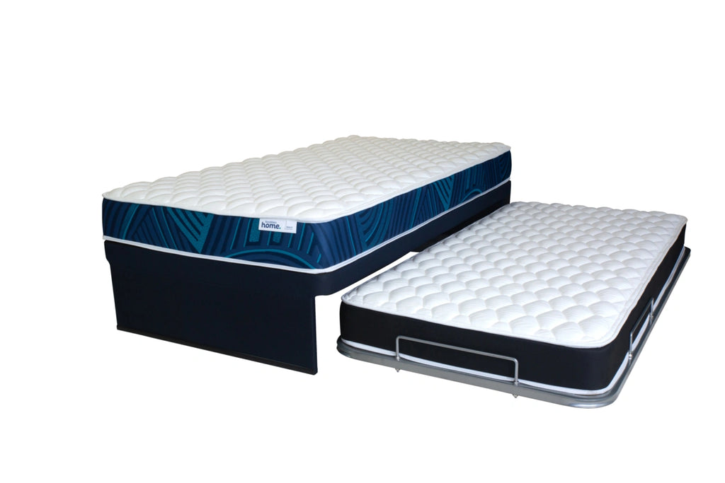 A SleepMaker Home trundler bed with a popup frame underneath.