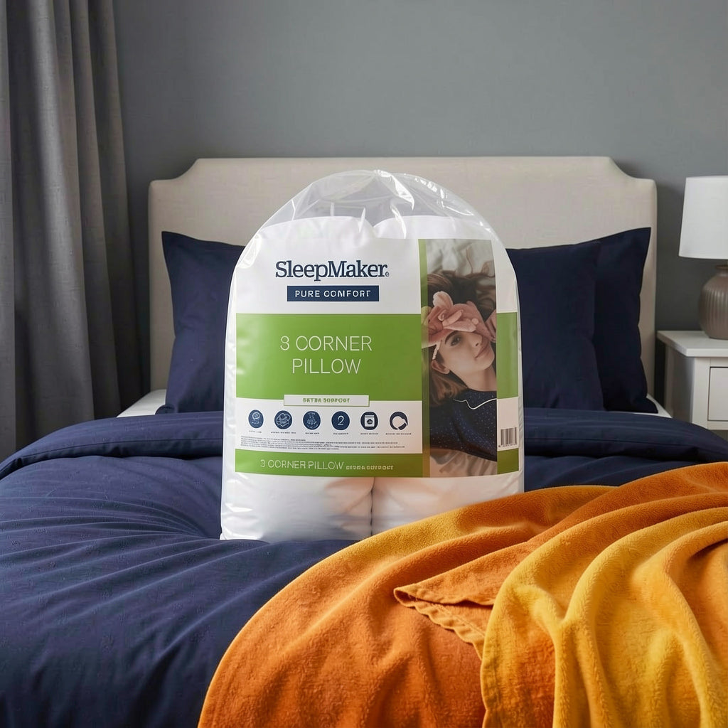 A package of SleepMaker Pure Comfort 3 Corner Pillow placed on a bed with navy bedding, blue pillows, and an orange blanket in a bedroom setting.