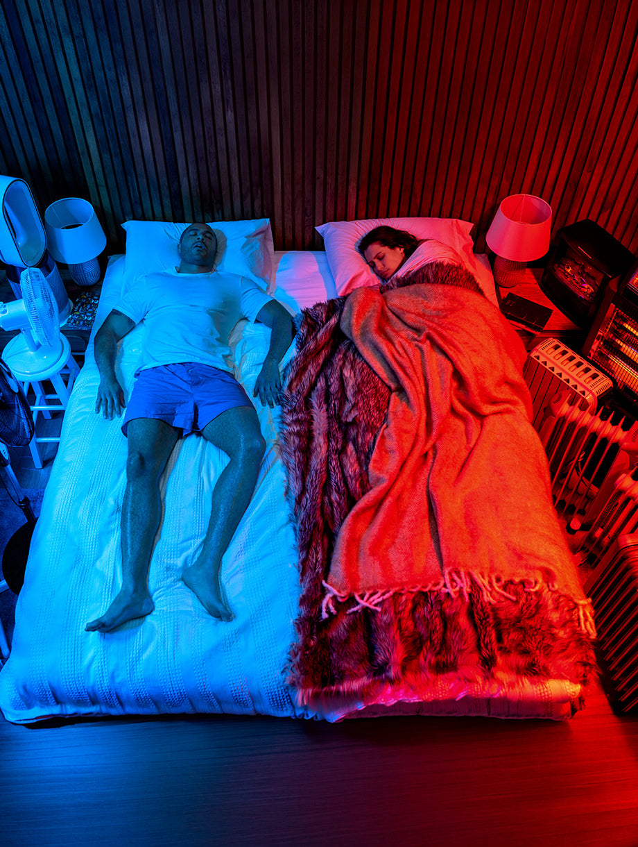 Two people lying in separate beds with KulKote temperature management technology.
