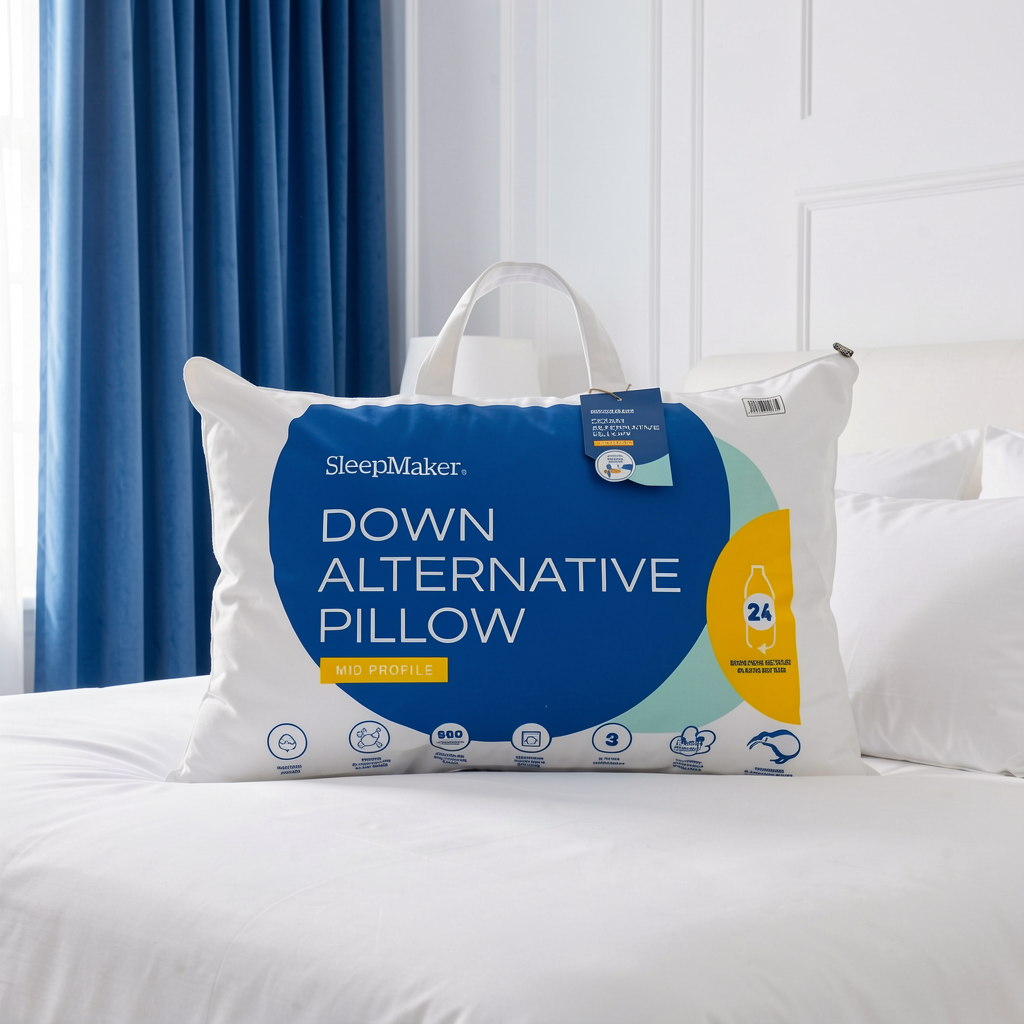 A SleepMaker Down Alternative Pillow in its white packaging, displayed on a white bed with blue curtains in the background.