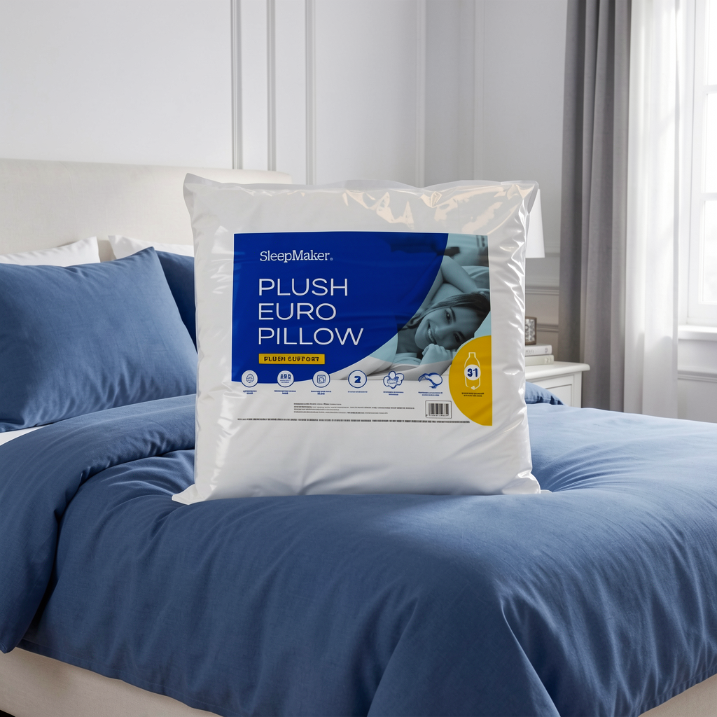 A SleepMaker Plush Euro Pillow in its white packaging, displayed on a bed with blue bedding in a bright bedroom setting.