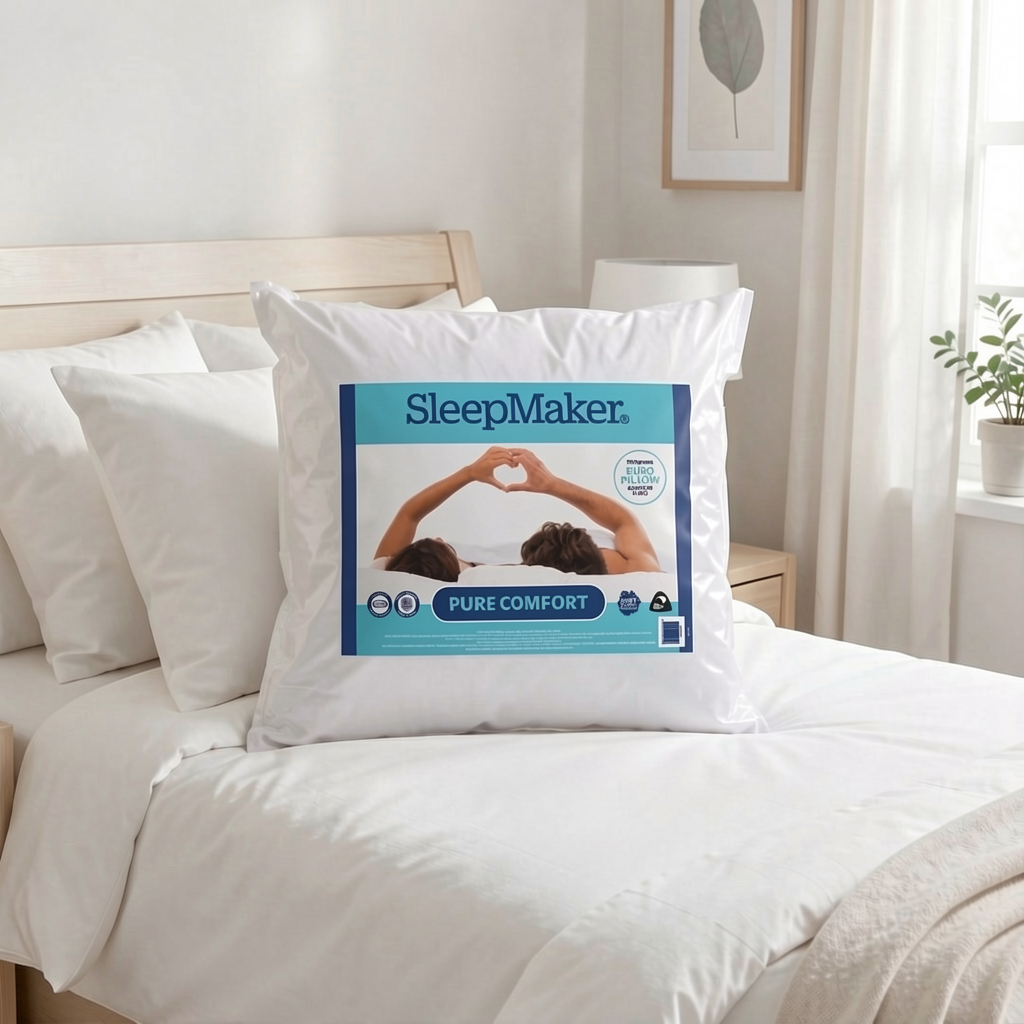 A white SleepMaker pillow resting on a neatly made bed in a bright, modern bedroom. The pillow features a large blue and white product label on the front.