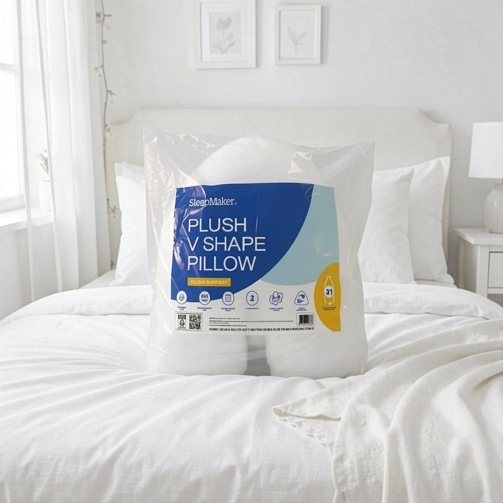 A packaged plush pillow shown on a made bed in a bright bedroom. The clear plastic bag contains a white pillow with a large blue and white SleepMaker label reading 'PLUSH V SHAPE PILLOW,' and white bedding surrounds it.
