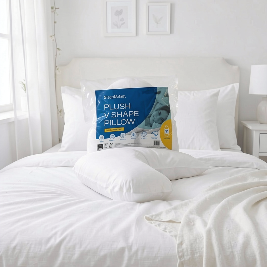 A SleepMaker Plush V Shape Pillow in its packaging, displayed on a neatly made white bed with matching white pillows and a light-colored headboard in a bright bedroom setting.