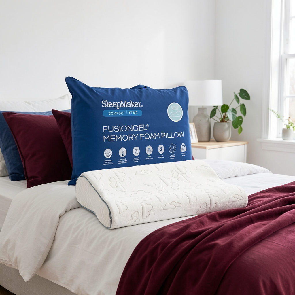 A SleepMaker FusionGel Memory Foam Pillow shown on a made bed in a bright bedroom, with the blue pillow and its retail packaging in front of white bedding and burgundy accent pillows.