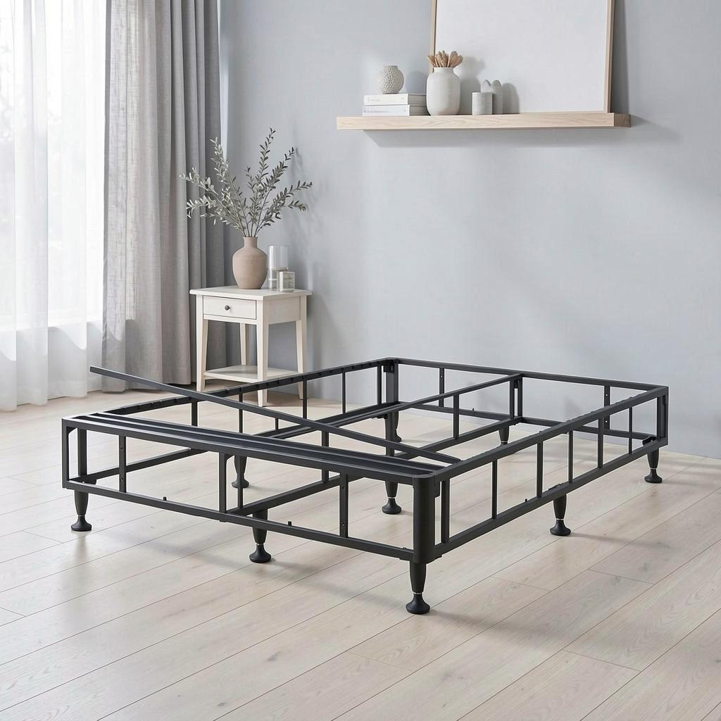 A SleepMaker Connect kitset black metal bed frame with a grid-style support structure and tapered legs, shown in a staged bedroom setting with light wood flooring, a small white side table, curtains, and wall decor.