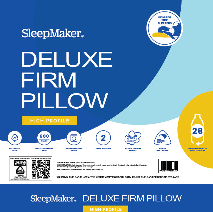 SleepMaker Deluxe Firm Pillow retail packaging card, featuring a blue and light blue design with a yellow circle badge, product name, feature icons, and a barcode.