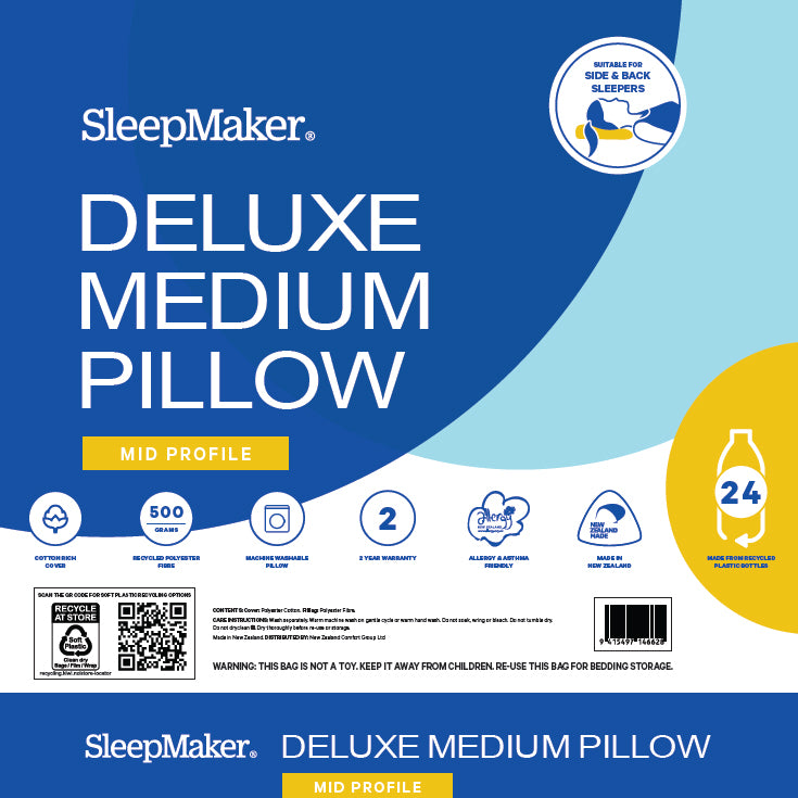SleepMaker Deluxe Medium Pillow packaging for the mid profile version, featuring a blue and light blue design with yellow accents and product feature icons.