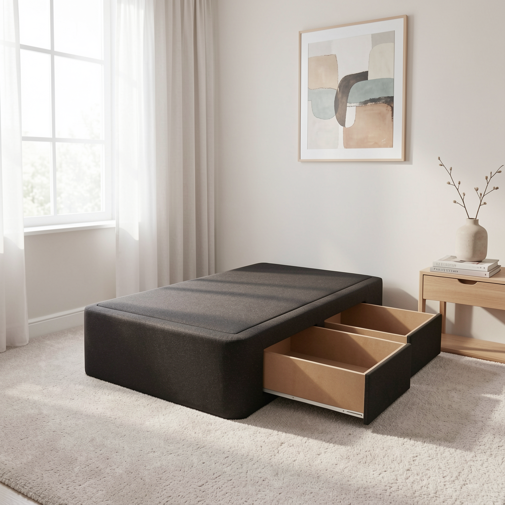 A dark charcoal gray upholstered storage bed frame with two open drawers, shown in a bright, modern bedroom setting with a light wood side table and neutral wall art.